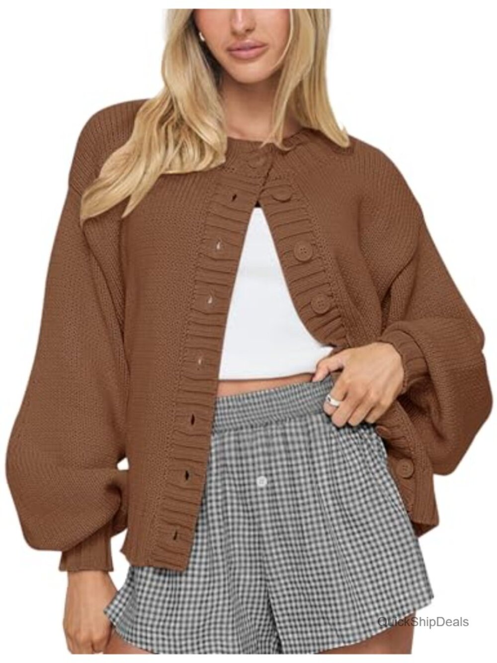 Womens Chunky Knit Oversized Button Front Cardigan Lantern Sleeve Acrylic